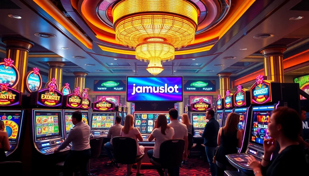 Players enjoying the immersive jamuslot slot machine experience in a luxurious casino setting.