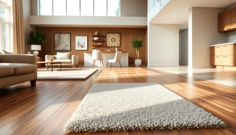 Explore stunning flooring options in an elegant living room and modern kitchen setting.