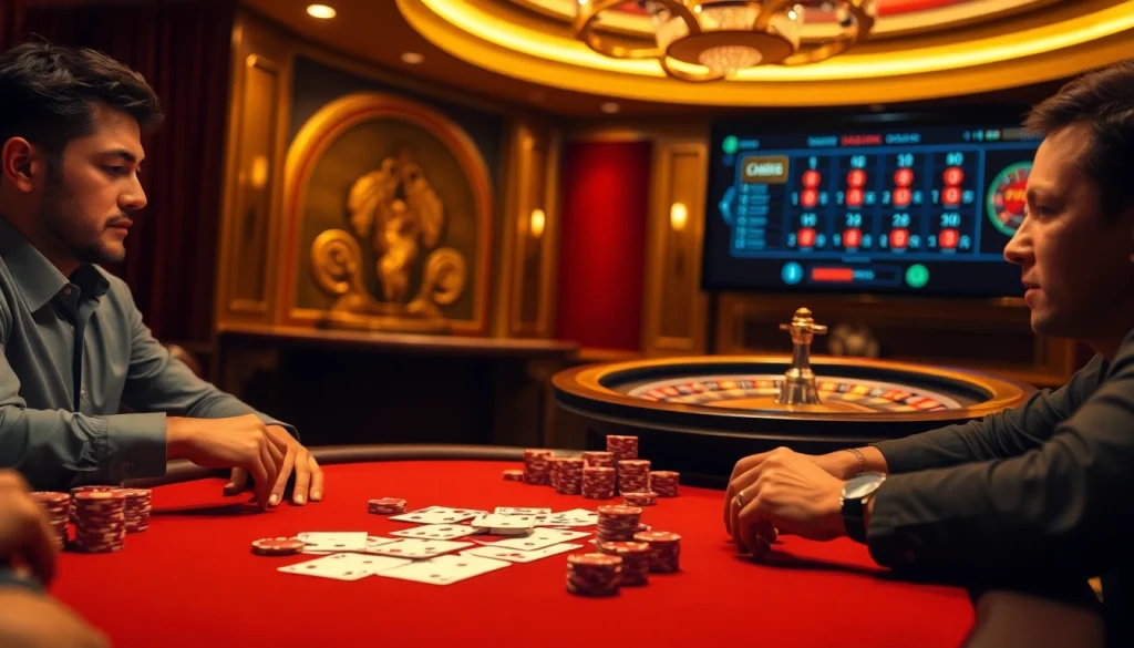 Joueurs engagés à une table de casino en ligne avec des jetons et des cartes sous un éclairage dramatique