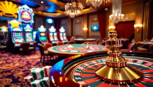 Scène engageante d'un casino en ligne avec des machines à sous dynamiques, des roues de roulette et des jetons de poker.