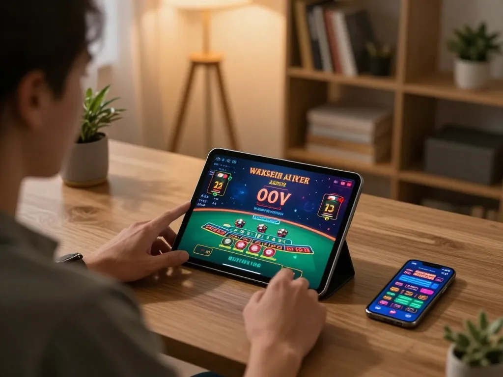 Engaged player strategizing baccarat moves on their tablet at home with 5699 content
