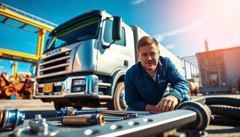 Technician performing mobile hydraulic services on a truck in an industrial setting.