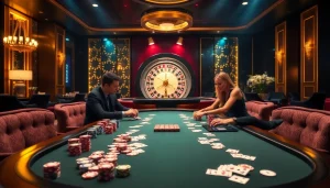 High-stakes poker game at a Nhà cái uy tín casino, showcasing luxury and excitement.