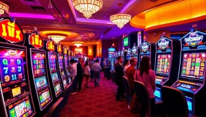 Mainkan hoki slot dengan mesin yang berwarna-warni di lingkungan kasino yang meriah.