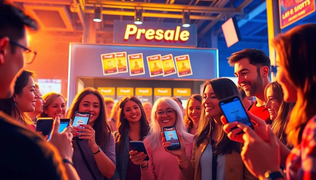 Excited attendees engaging in a presale ticket event, showcasing vibrant colors and mobile ticket purchases.