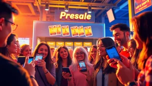 Excited attendees engaging in a presale ticket event, showcasing vibrant colors and mobile ticket purchases.