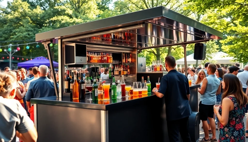 Enjoying a mobile bar service at an outdoor festival with a modern setup.