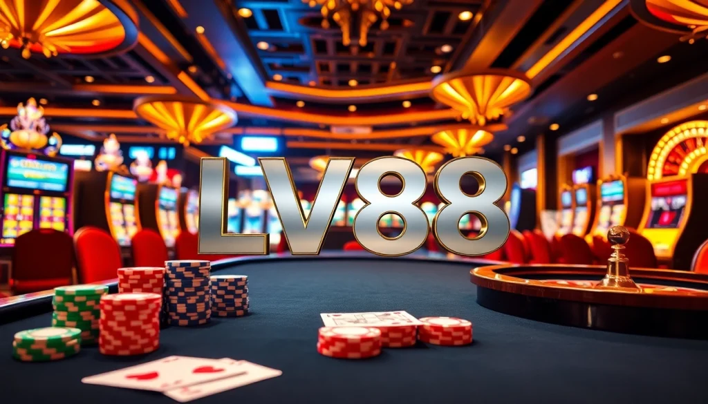 Engage in thrilling games at LV88 casino with poker chips and cards on a vibrant table.