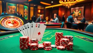 Engage in an exciting IDN Poker game with colorful chips and cards at a high-end casino table.