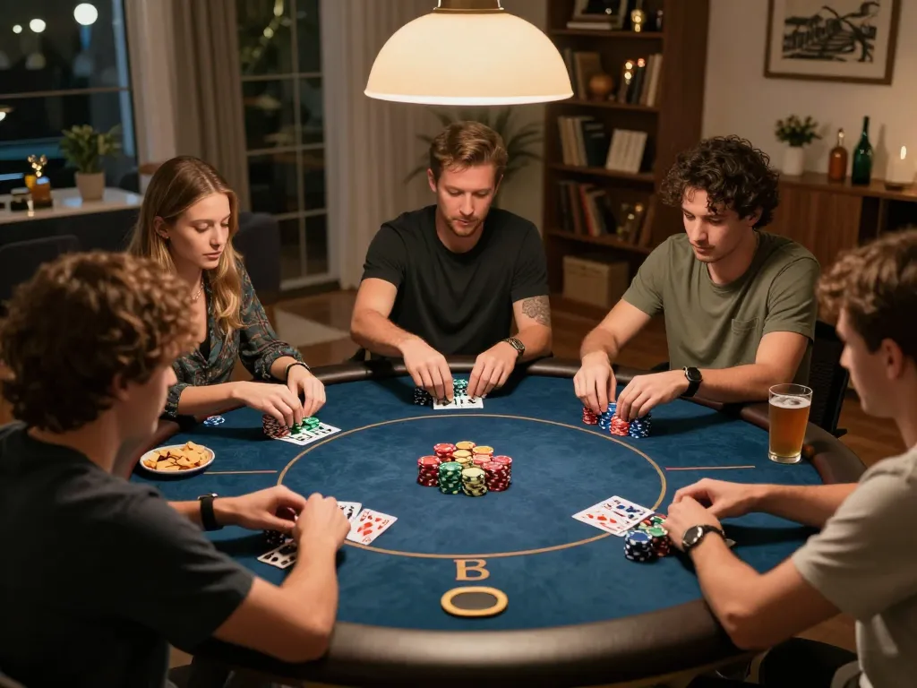 Friends enjoying a thrilling poker night at home with NK88, analyzing hands and strategizing bets.