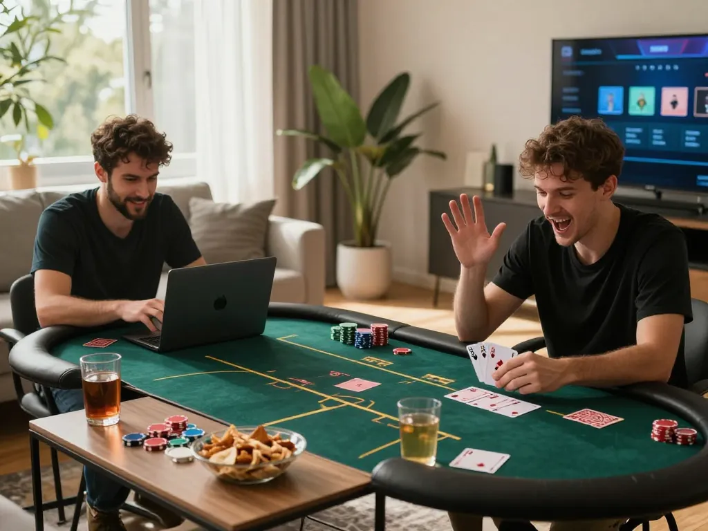 Players enjoying an exciting poker game at home using 3Win com, showcasing winning strategy.