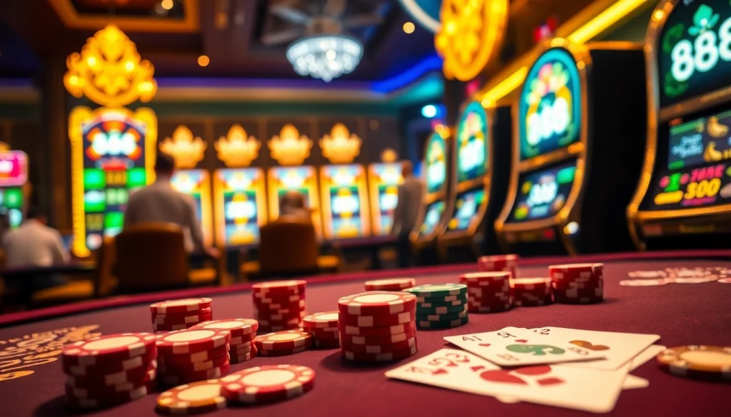 Excited players enjoying the lucky88 slot machines at a vibrant casino, showcasing dynamic gambling action.