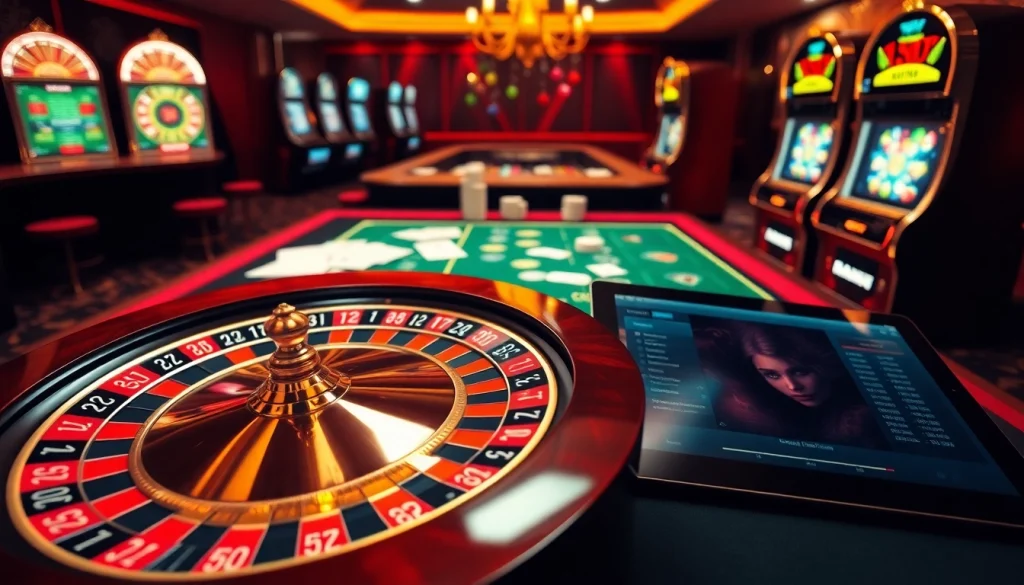 Participez à un gameplay palpitant dans un casino en ligne avec des machines à sous vibrantes et des jetons de poker.