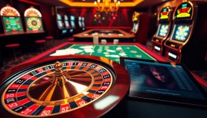 Participez à un gameplay palpitant dans un casino en ligne avec des machines à sous vibrantes et des jetons de poker.