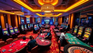 UU88 players celebrating wins at an elegant casino table with vibrant slot machines.