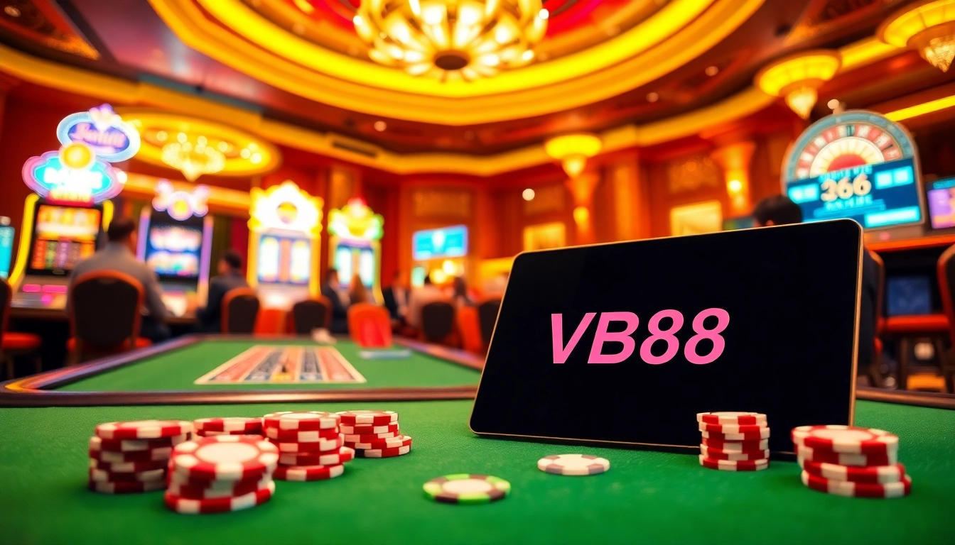 Link đăng nhập VB88 displayed on a modern online gambling interface amid casino excitement.