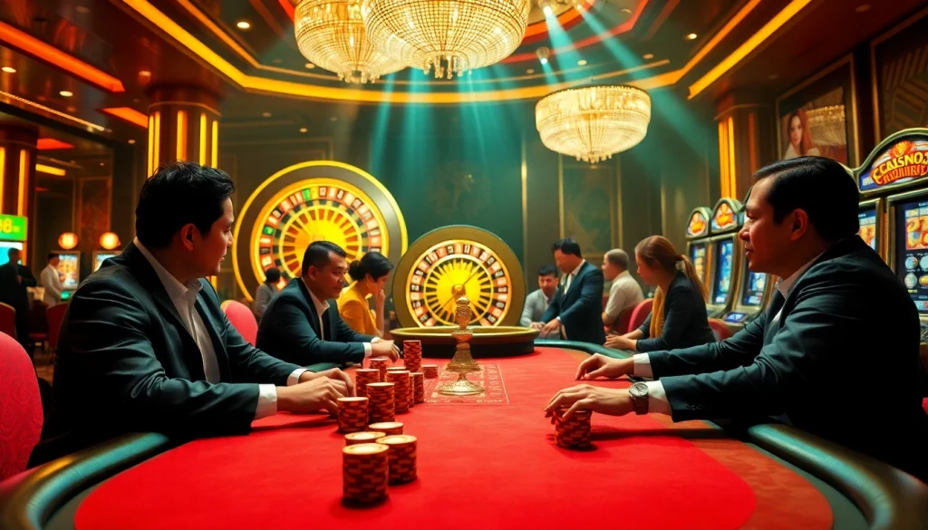 Players betting at a luxurious NK88 poker table surrounded by vibrant casino elements.