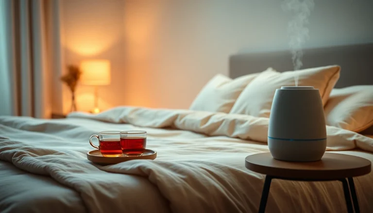 風邪を一晩で治す効果的な方法を示す、暖かな照明、お茶、加湿器を備えた居心地の良い寝室のシーン。