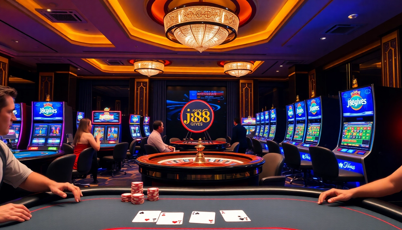 Experience thrilling moments at j88.gives with players enjoying a vibrant casino atmosphere filled with excitement.