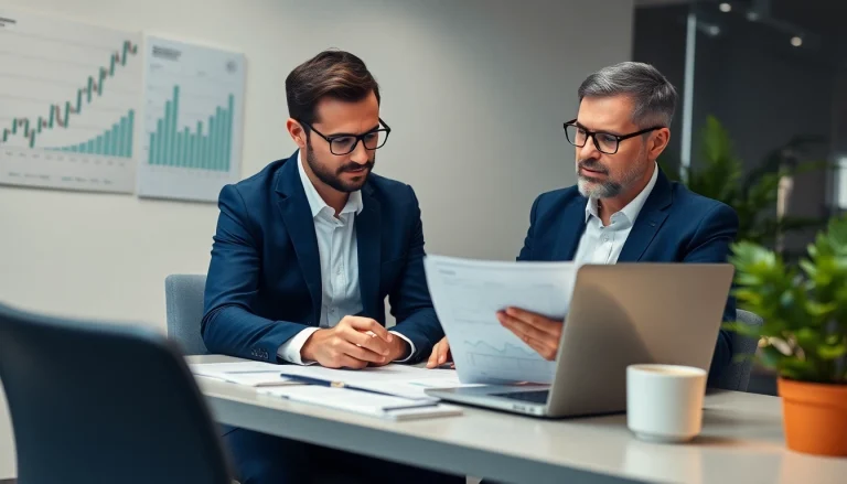 Profesjonalna scena biurowa z konsultantem finansowym i właścicielem małej firmy omawiającymi usługi księgowe w Biurze rachunkowym.