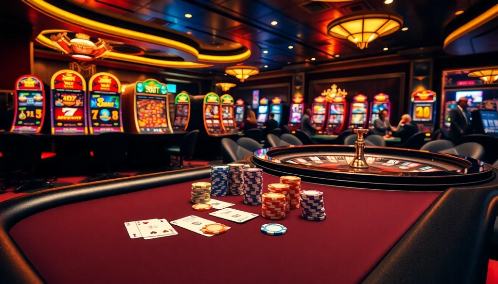 A captivating casino experience featuring a blackjack table, slot machines, and roulette at https://f8betb1.com/ for premium online gambling.