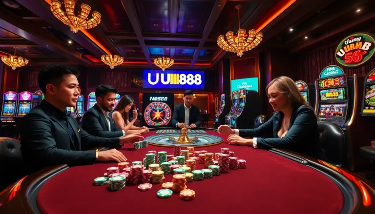Players engaging in a thrilling game at UU88 casino, showcasing vibrant poker chips and a roulette wheel.