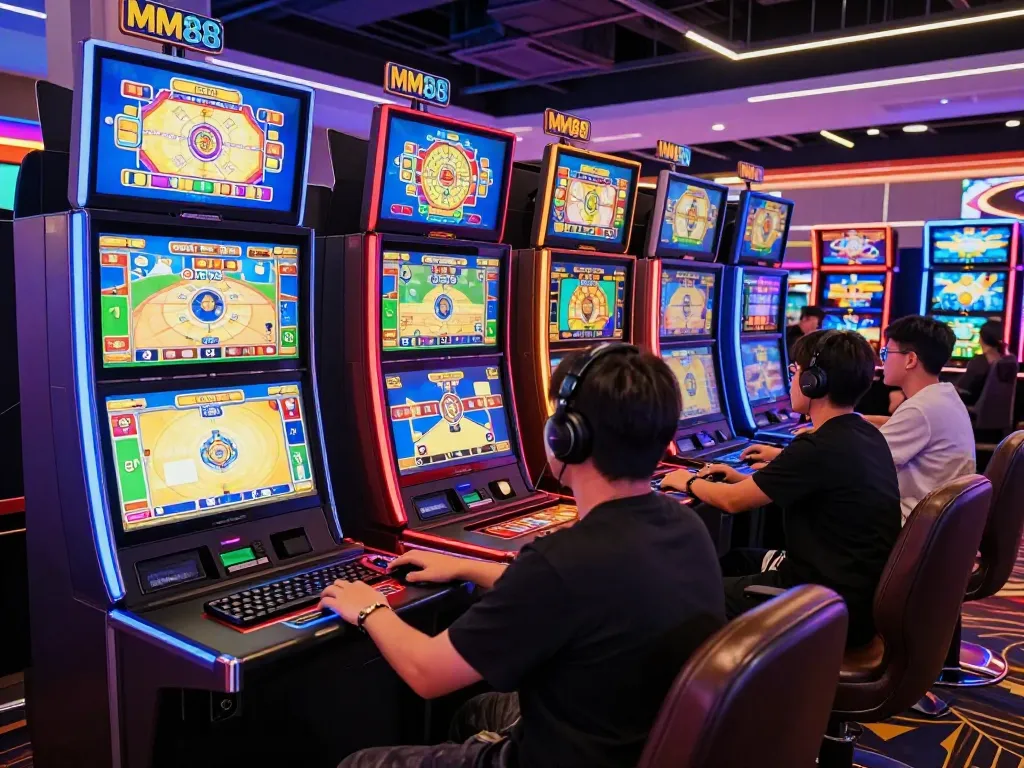 Engaging players enjoying MM88's online casino games in a vibrant digital environment.