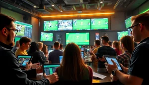Sports betting enthusiasts engaging with https://keonhacai.gold/ in a lively sports bar setting, surrounded by live match displays.