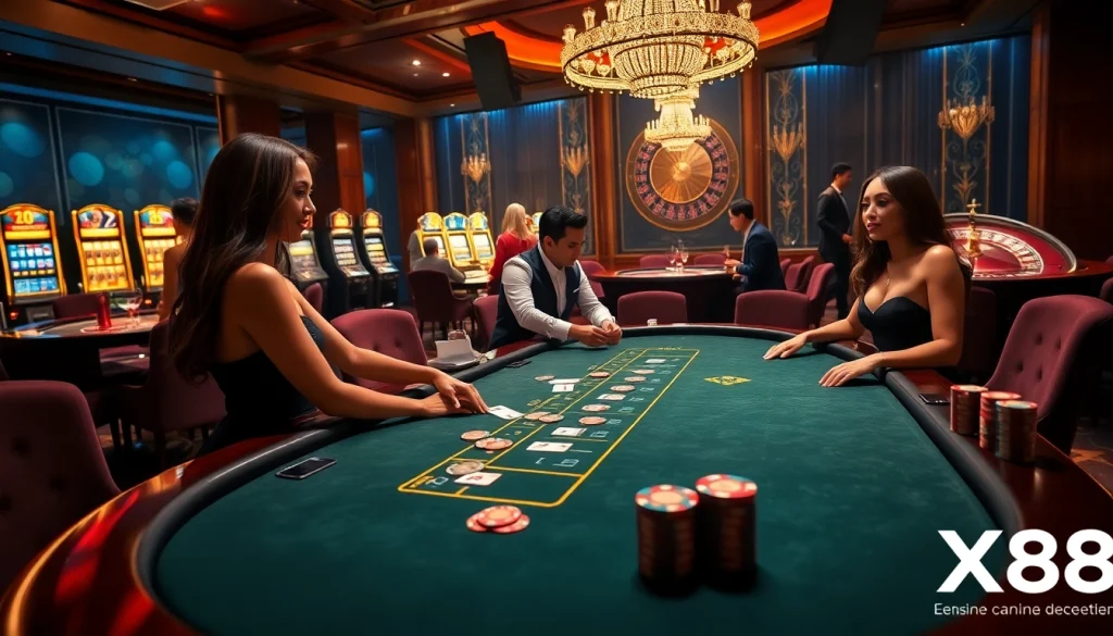 Players experience excitement at the X88 blackjack table with stunning croupiers and vibrant casino decor.