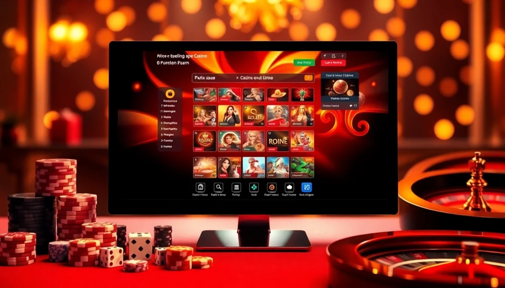 Interface de casino en ligne présentant des jeux passionnants et une atmosphère animée avec des jetons de poker et une roulette.