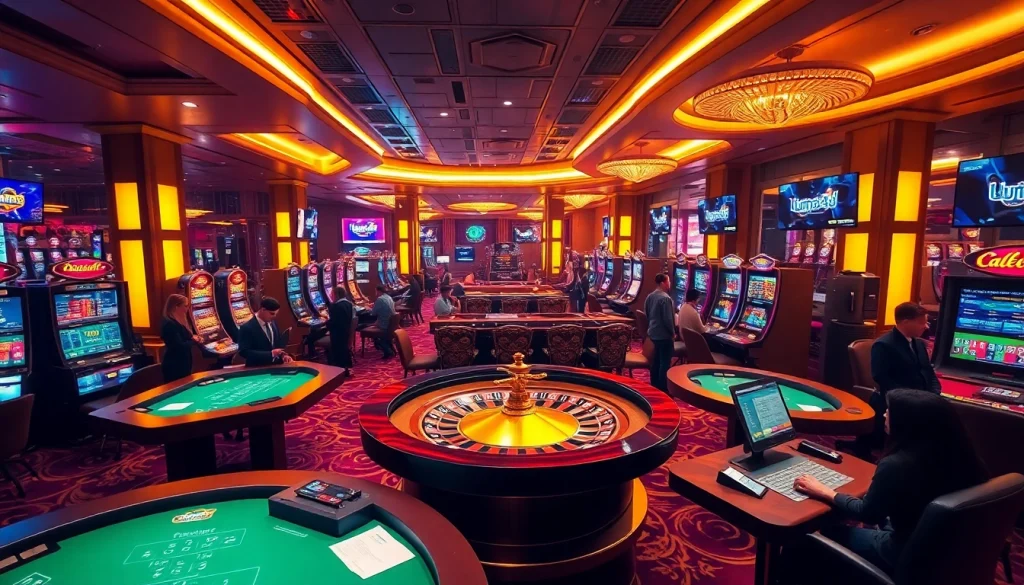 Para pemain terlibat dalam permainan taruhan tinggi di kasino mewah dengan elemen taruhan Utama4D yang ditampilkan.