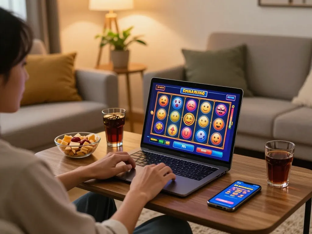 Engaging online slot gacor hari ini gameplay on laptop at cozy home setting with warm lighting.