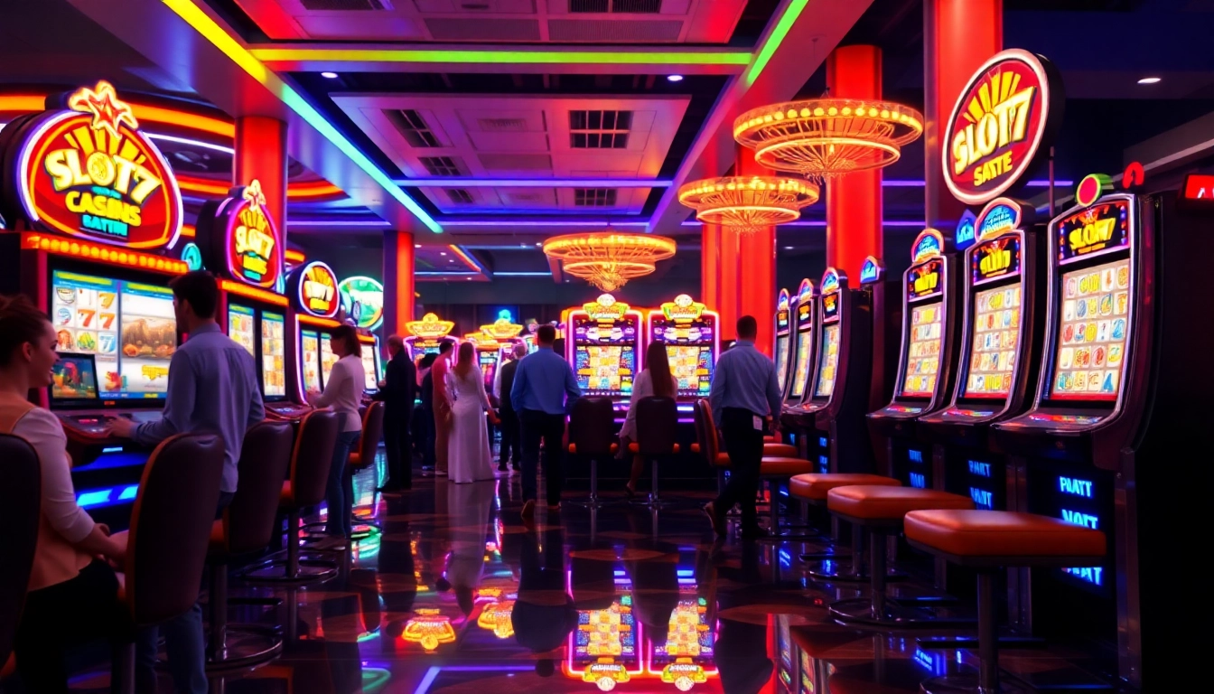 Menangkan permainan Slot77 dengan mesin slot berwarna-warni di kasino yang meriah.