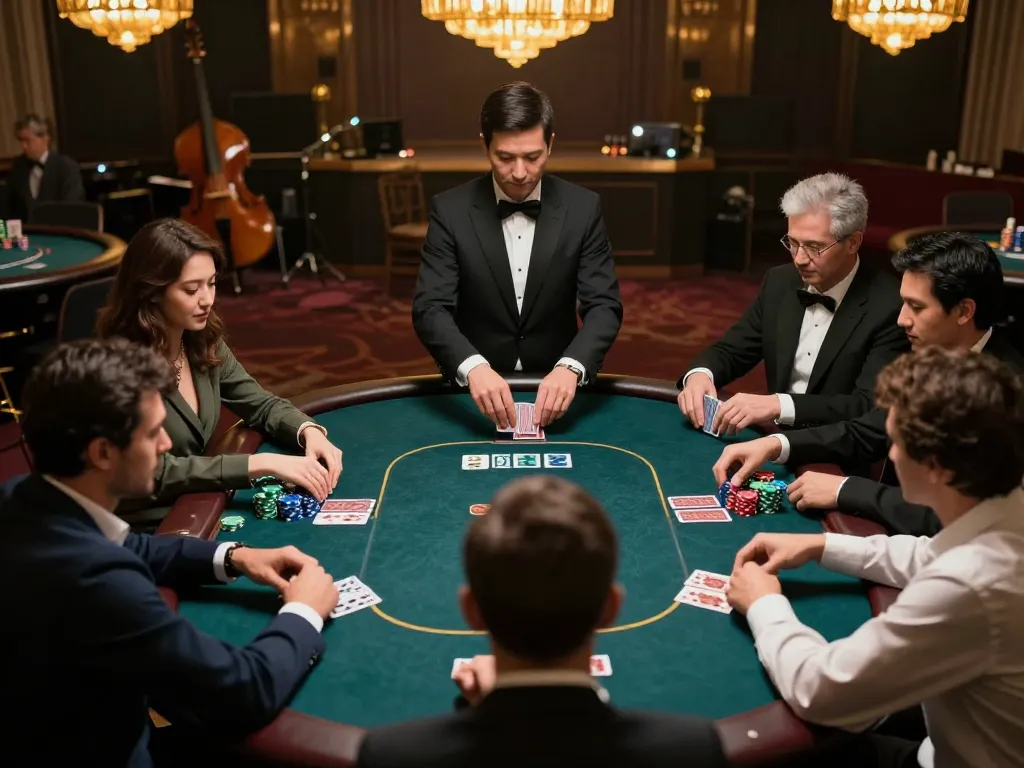 8xbet players engaged in strategic poker gameplay, dynamic overhead view of an exciting casino atmosphere.