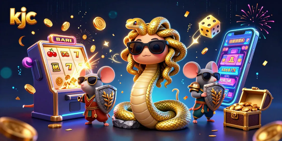 KJC players enjoy a vibrant scene with golden snakes, slot machines, and casino elements.