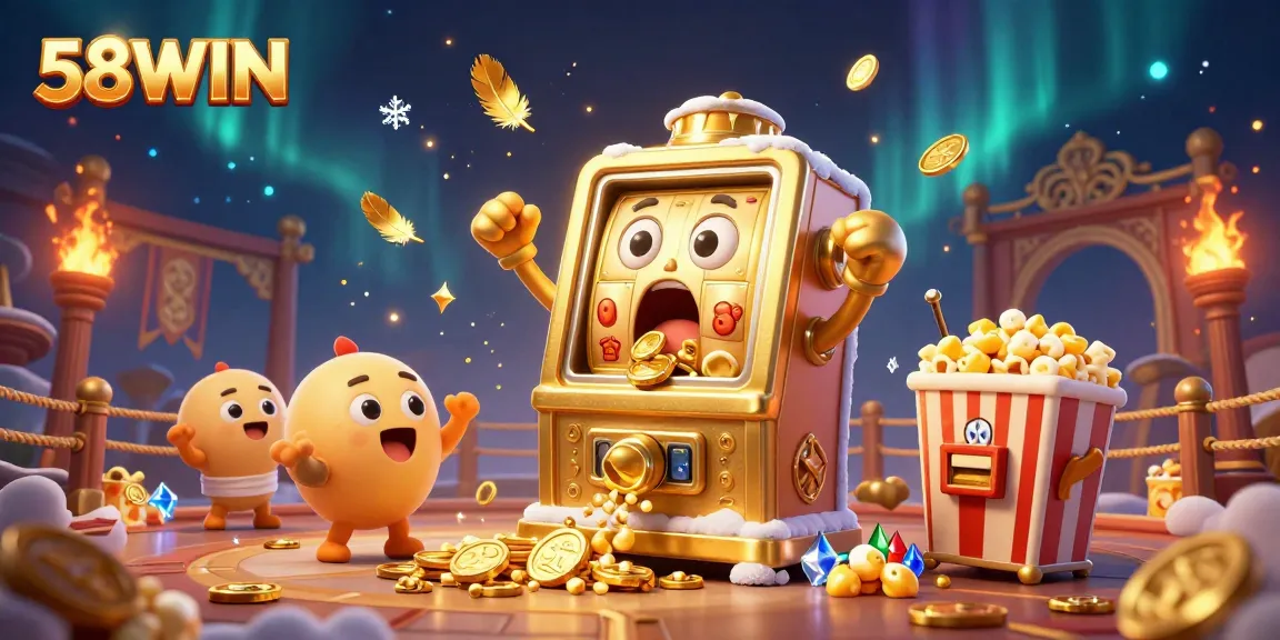 Experience the thrilling jackpot of 58WIN as the animated slot machine celebrates with coins flying!