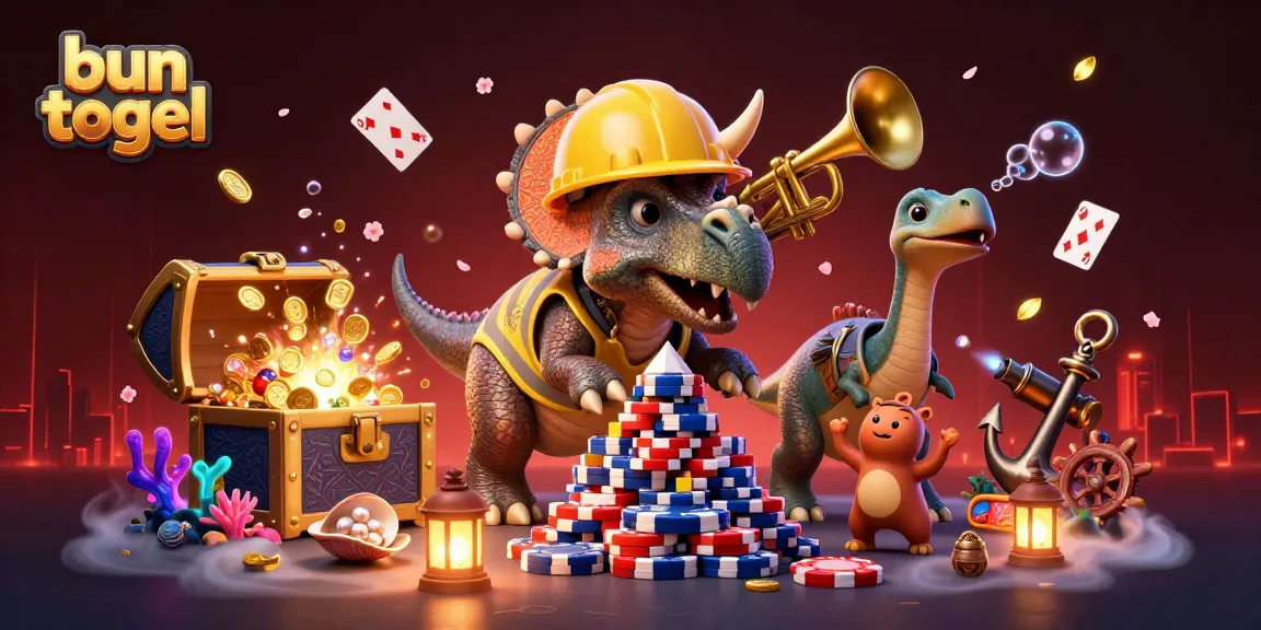 Menggairahkan bun togel dengan triceratops membangun piramida chip poker, dikelilingi harta karun dan kartu bermain.