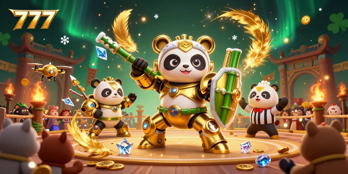 Engage in exciting 777 casino action with animated panda and thrilling characters in a vibrant gambling arena.