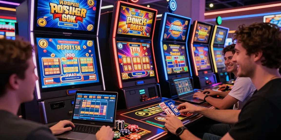 Exciting players engaged in slot deposit 5k gaming with vibrant machines and modern technology in a lively atmosphere.