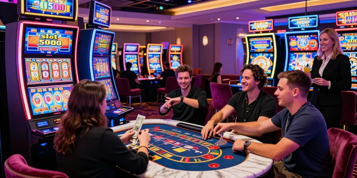 High-stakes gambler at slot 5000 machine surrounded by vibrant casino atmosphere.