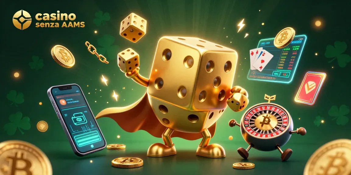 Cassino senza AAMS che mostra un golem di dadi d'oro e carte da gioco, con effetti luminosi e monete crypto