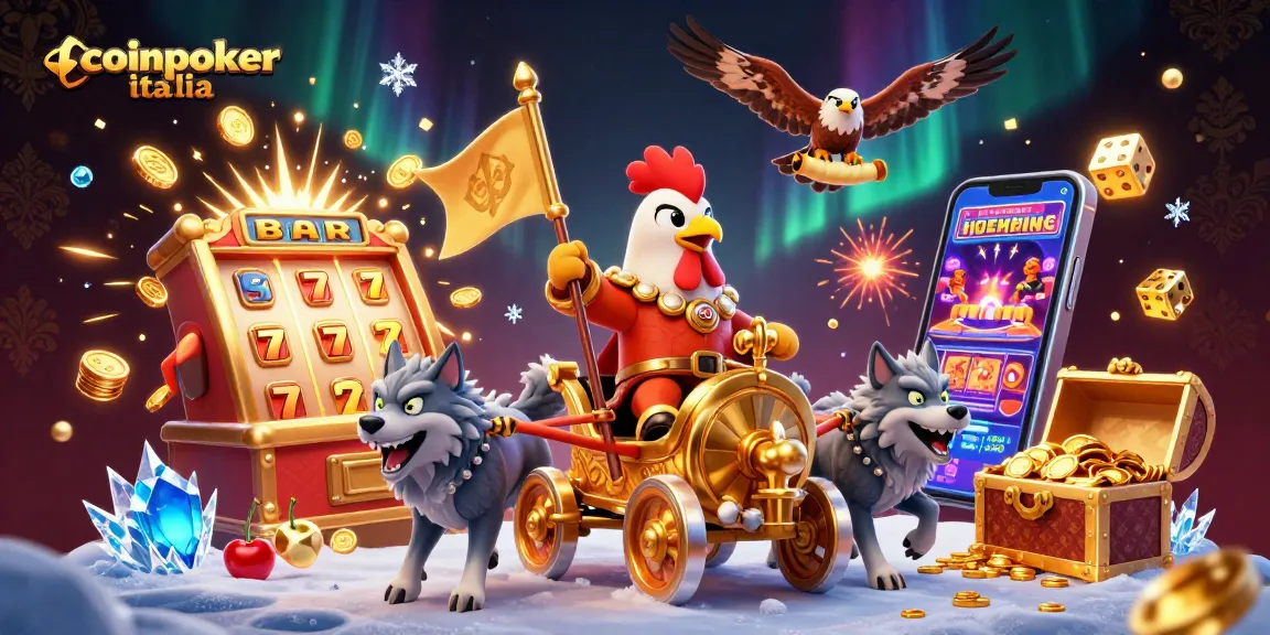 Gioca a CoinPoker Italia mentre un gallo guerriero sfida la fortuna tra slot e jackpot.