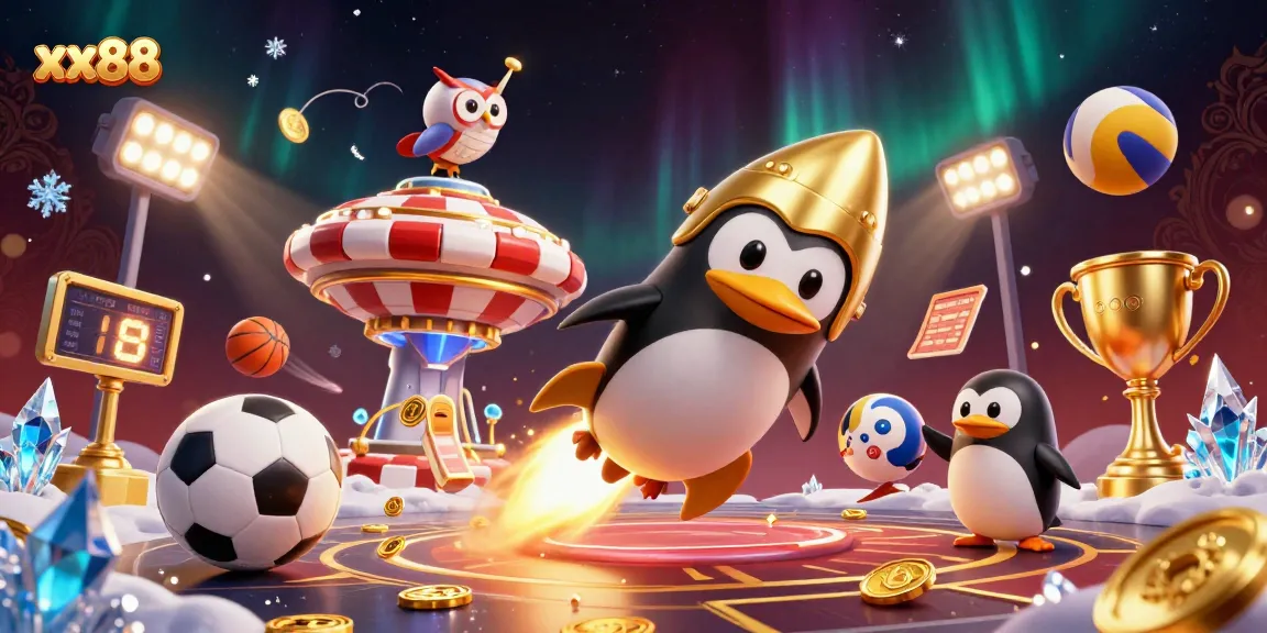 Join the adventure with xx88 as a golden penguin navigates a casino universe filled with sports betting excitement.