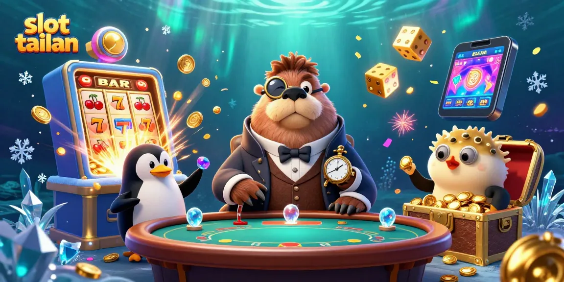Engage with slot tailan in a thrilling underwater casino scene featuring a walrus and friends