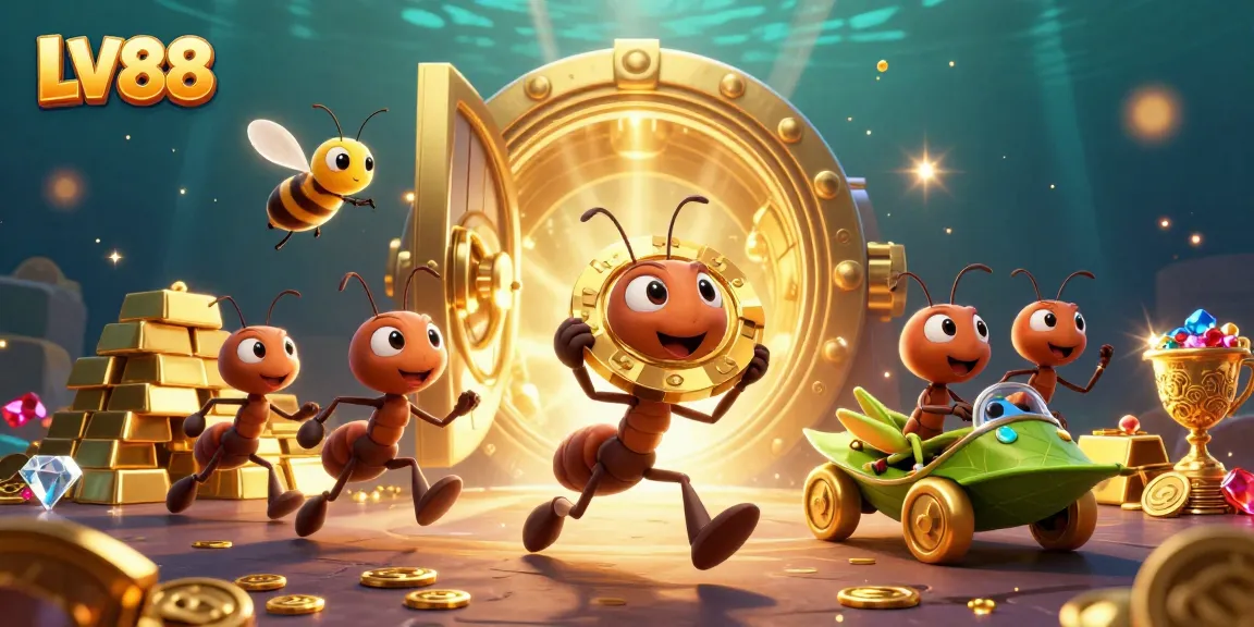 LV88 ants executing a heist with a giant poker chip, surrounded by treasures and casino elements.