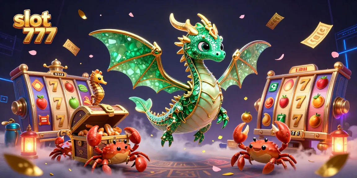 Menangkan slot 777 dengan ilustrasi naga laut 3D yang elegan dan simbol permainan kasino yang meriah.