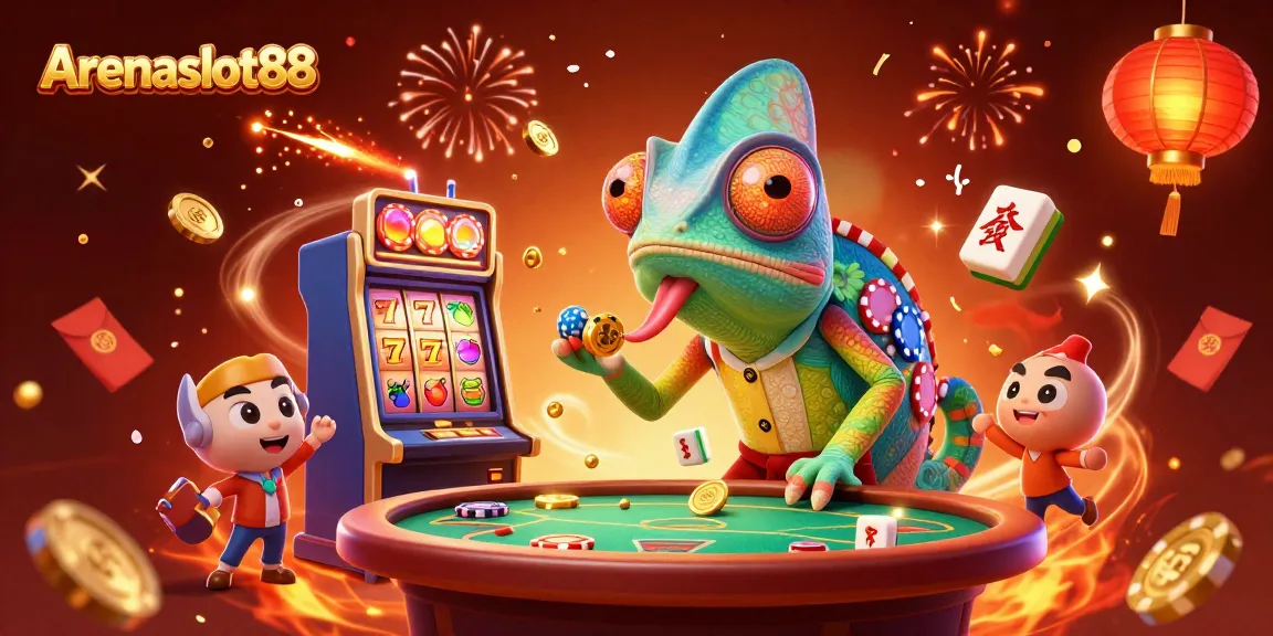 Arenaslot88 captivates gamers with vibrant slots and dynamic casino elements in a colorful illustration.