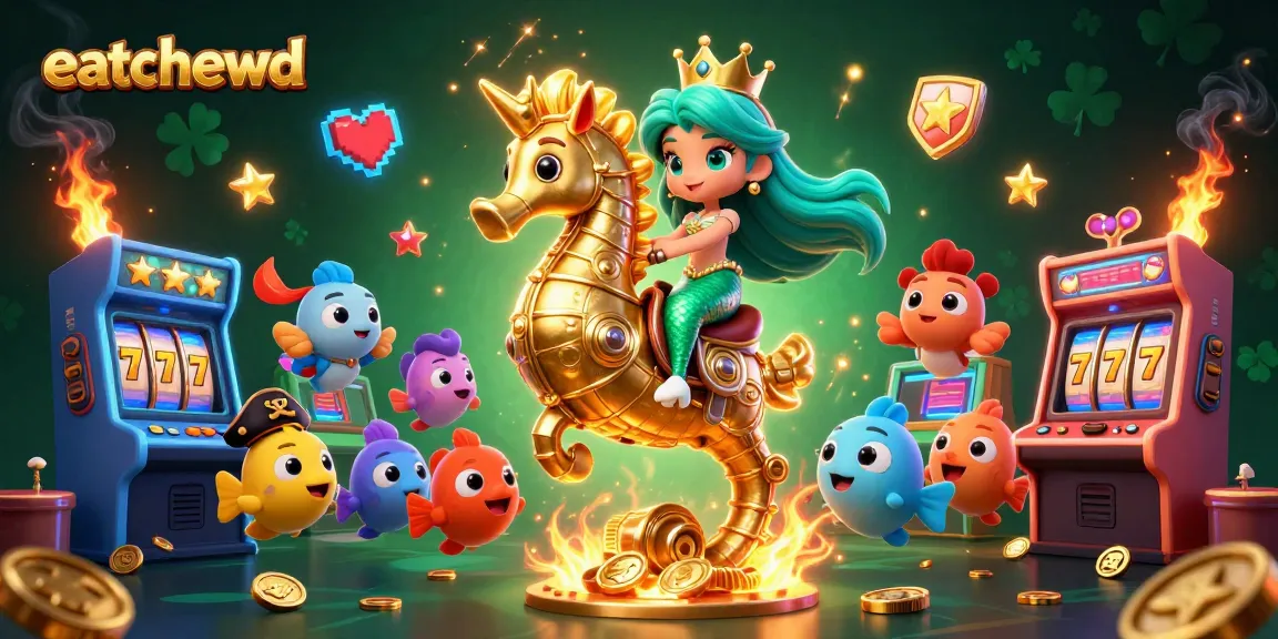Play exciting slots with eatchewd's captivating cartoon illustration of a mermaid winning big on a seahorse!