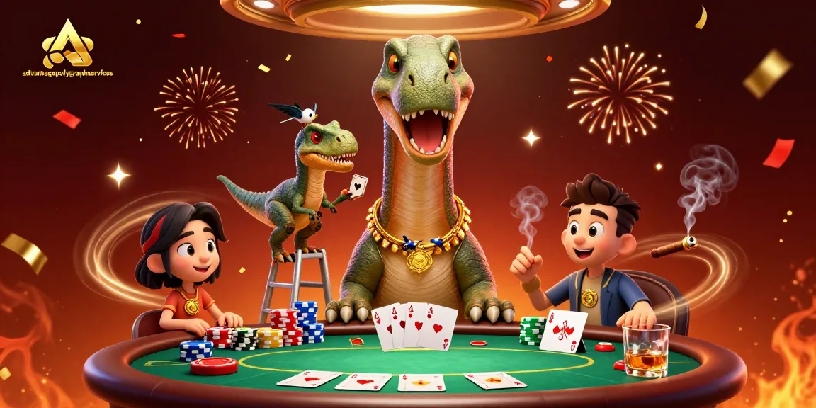 Engage with excitement at advantagepolygraphservices with this vibrant casino scene featuring a friendly dinosaur and a clever raptor!