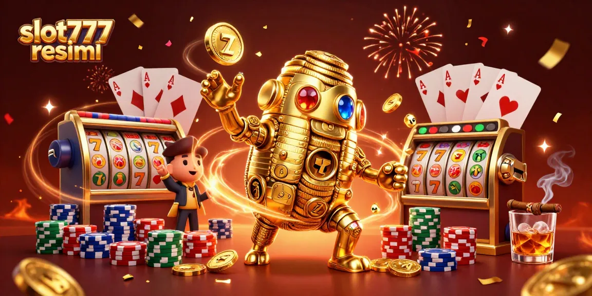 Experience thrilling wins on slot777 resmi with dynamic slot reels and a golden golem surrounded by casino elements.